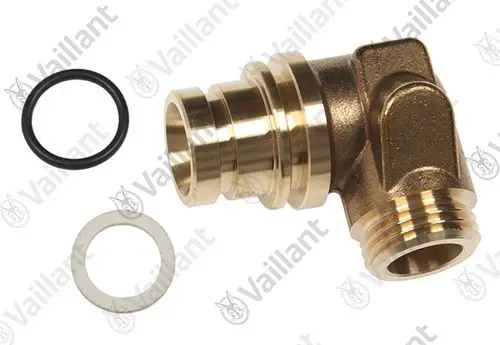 Vaillant Anschlussstück in Winkelform aus Messing mit O-Ring und Scheibe. Geeignet für Rohrverbindungen in Heizungsanlagen.